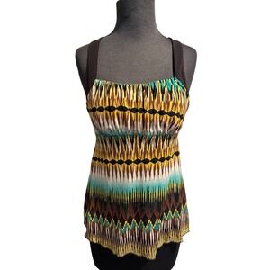 B-Wear Byer California Ikat Print baby doll Y2K O-Ring Back Tank Top Brown Med‎